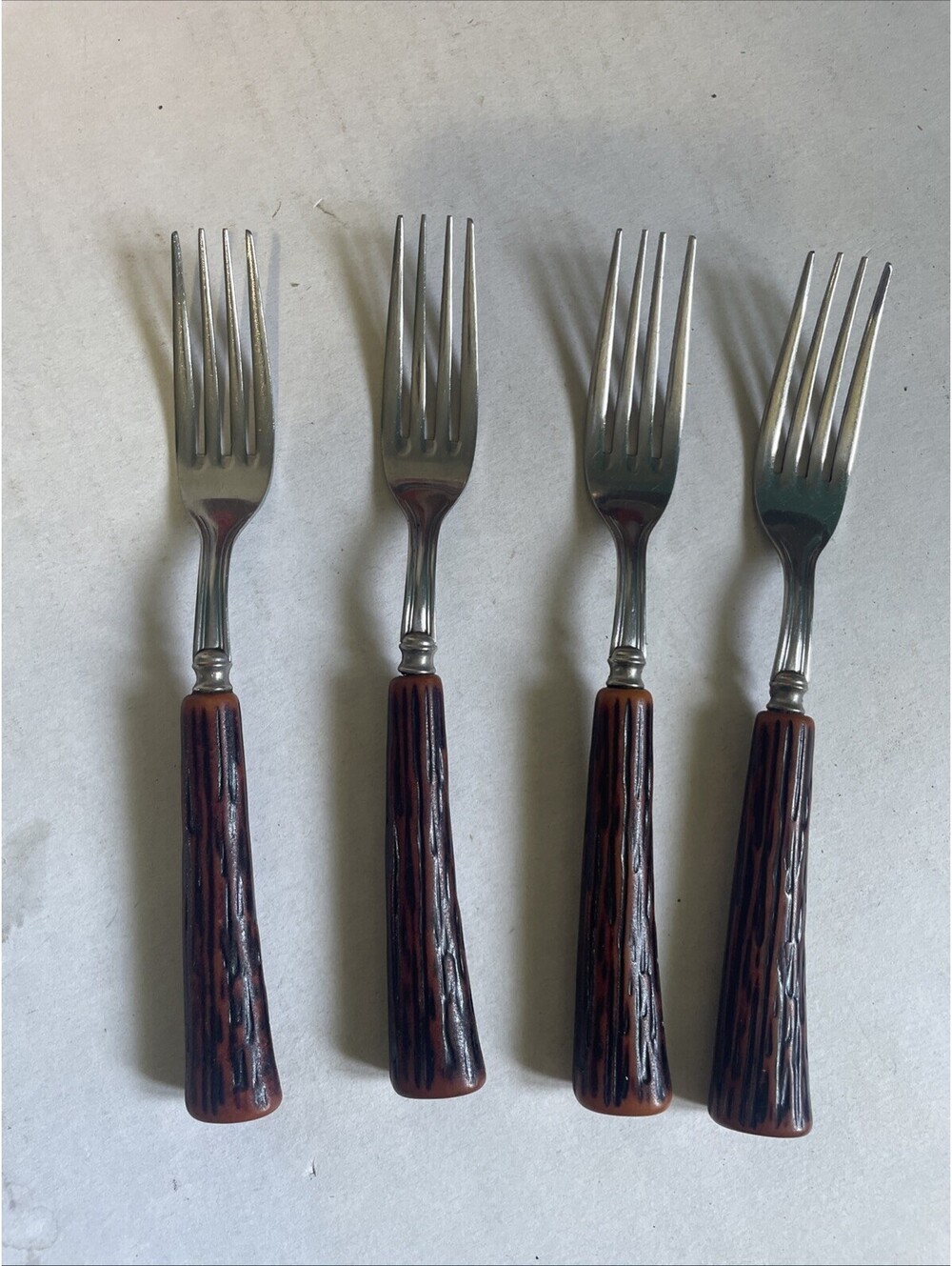 Glo-Hill Canada Fork Set Faux Antler Textured Bakerlite Catalin Stag